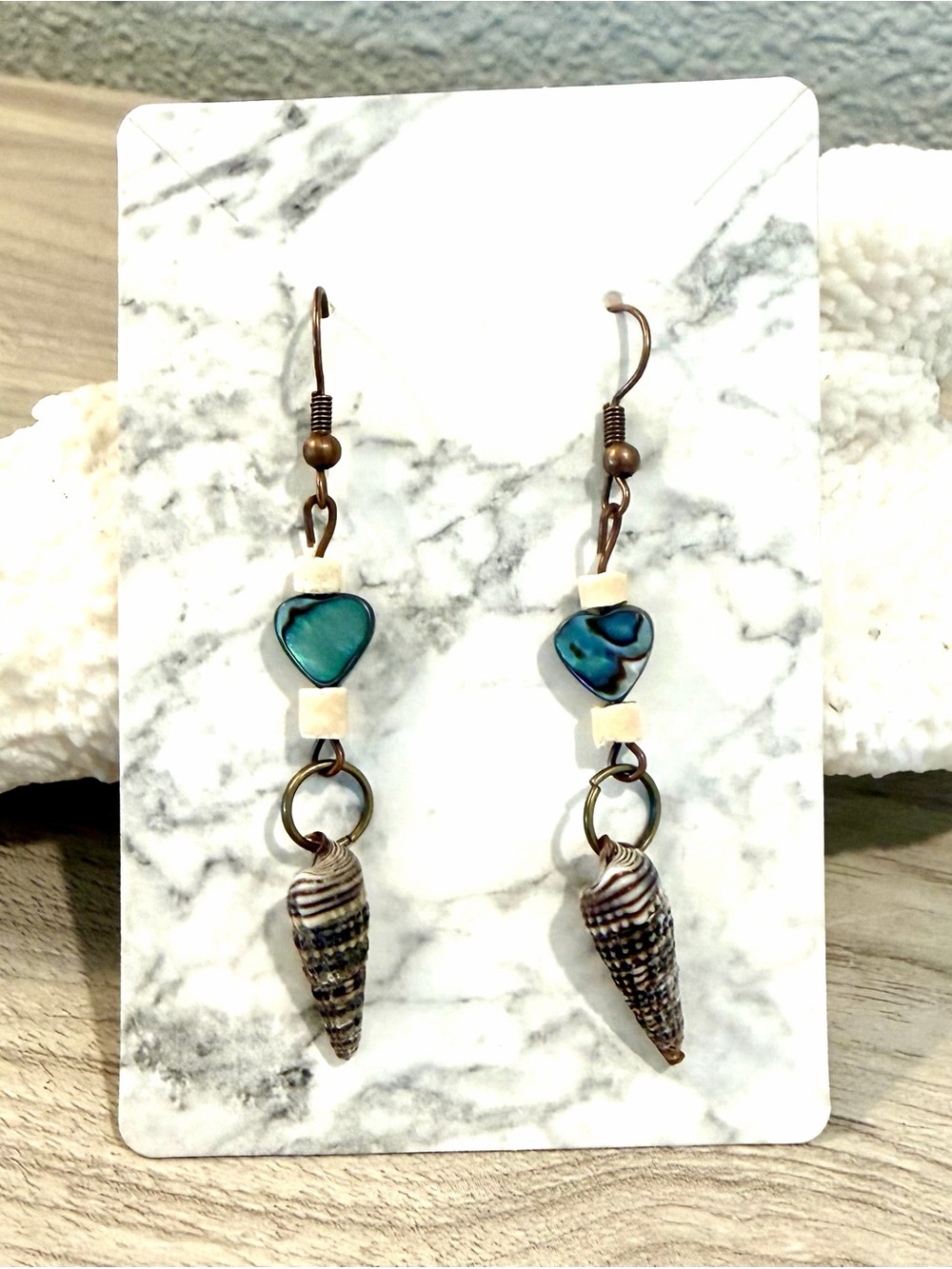 96. Handmade Shell and abalone heart drop earrings
